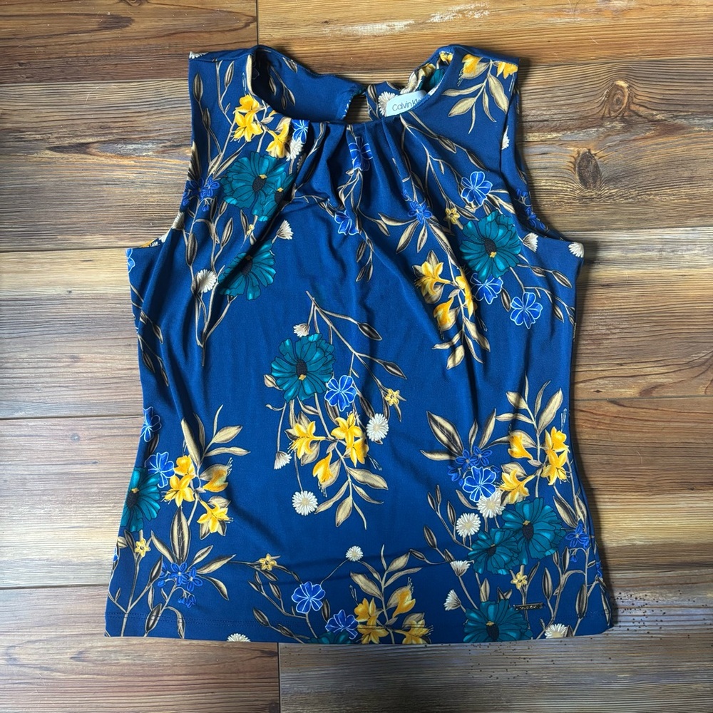 Calvin Klein Women's Floral Sleeveless Top - Blue and Yellow